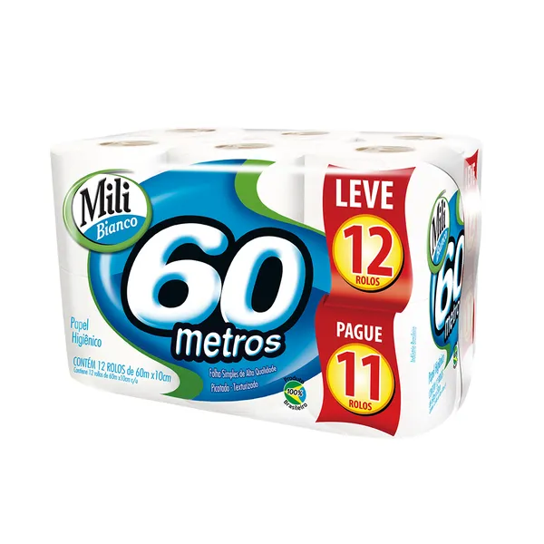 Papel Higiênico Mili Bianco 60 Metros Leve 12 Pague 11