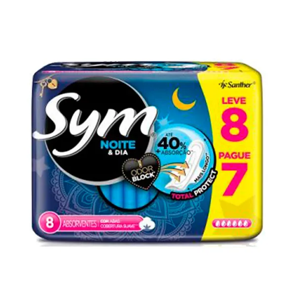 Absorvente Noturno com Abas Sym com 8 Unidades