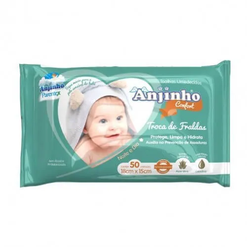 Toalha Umedecida Anjinho Troca Fraldas 50 Unidades