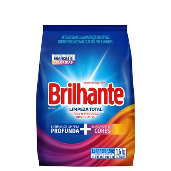 Detergente em Pó Brilhante Limpeza Total Sachê 1,6Kg